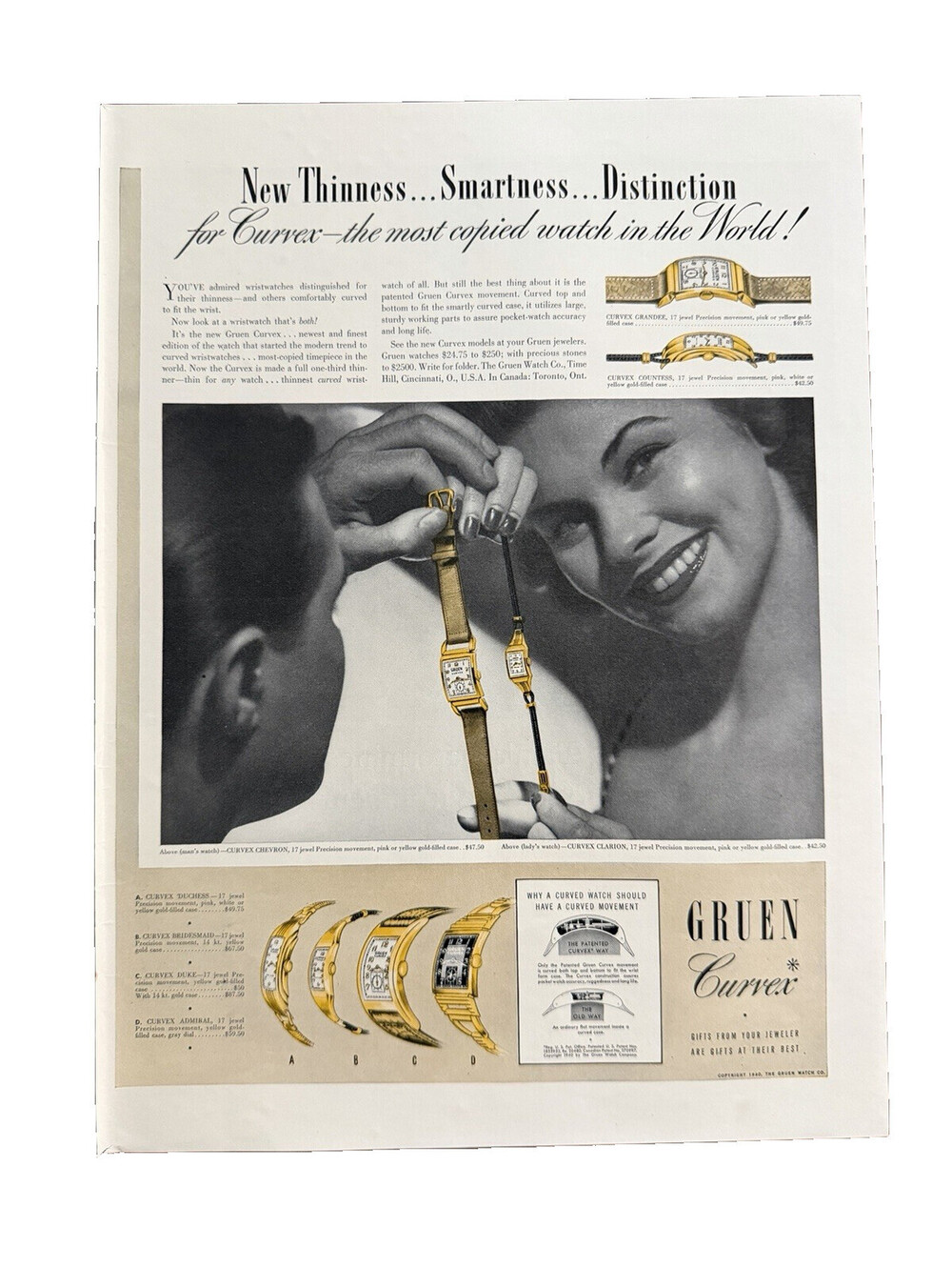 1940 The Gruen Watch Company Print Ad Curvex Gold Jewelry Fashion Time Vintage
